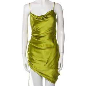 cinq a sept Lime Satin Slip Mini Dress with Cowl Neck